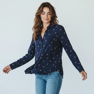 Rails Navy Cherry Print Button Front Long Sleeve Shirt XS